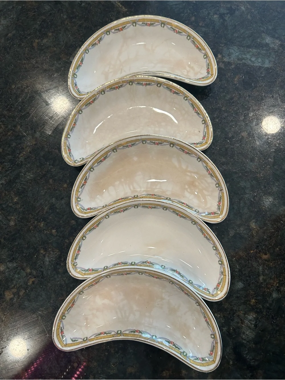 Vintage Bone Dishes Cream Crescent with Gold and Floral Border (5set)
